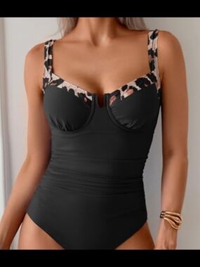 New One Piece Swimsuit Leopard Trim